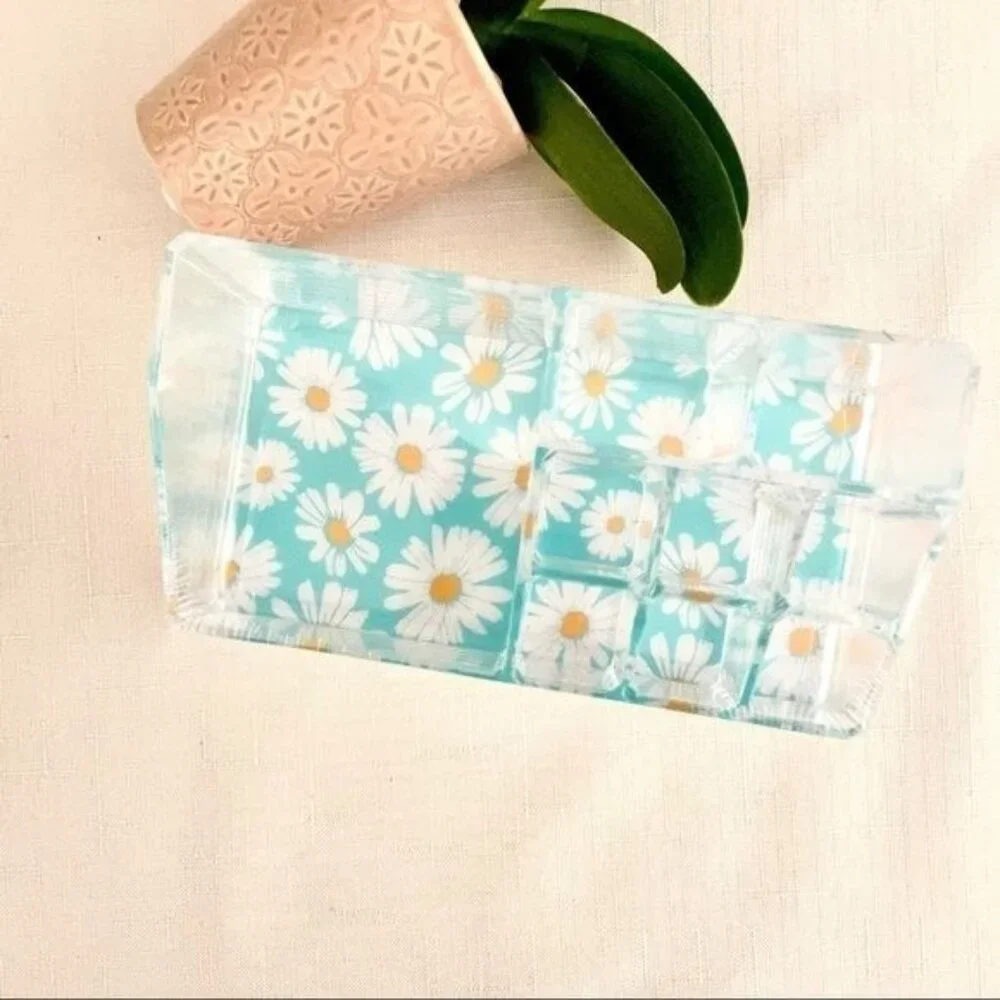 Sorbus Mini Makeup Organizer with 9 Slots Clear w/ Daisy Print Bottom Desk Dorm